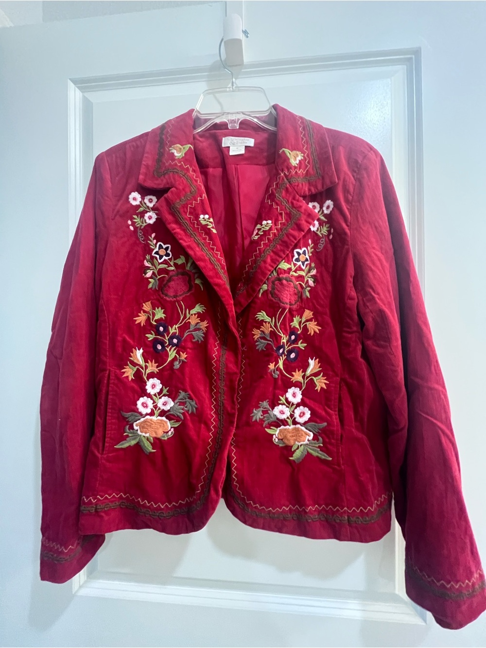 Christopher & Banks Red Velvet Embroidered Blazer Jacket